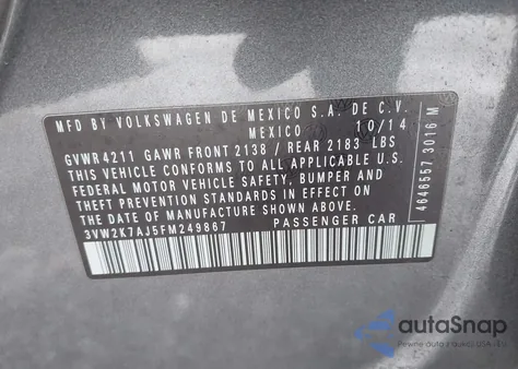 2015 Volkswagen Jetta 2.0L S z USA, uszkodzony, nr VIN 3VW2K7AJ5FM249867